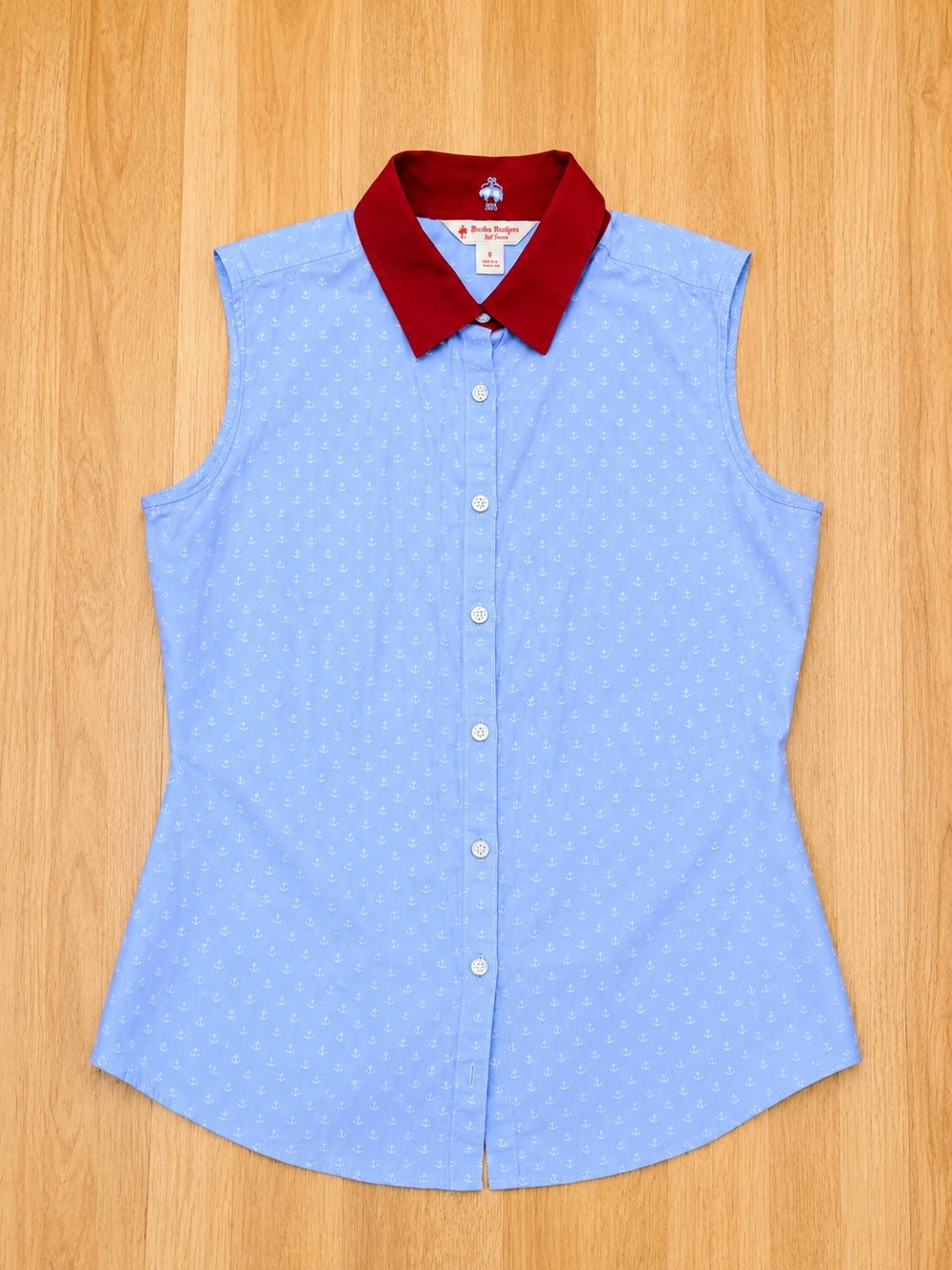 Brooks Brothers Light Blue Sleeveless Button-Down with Red Collar
